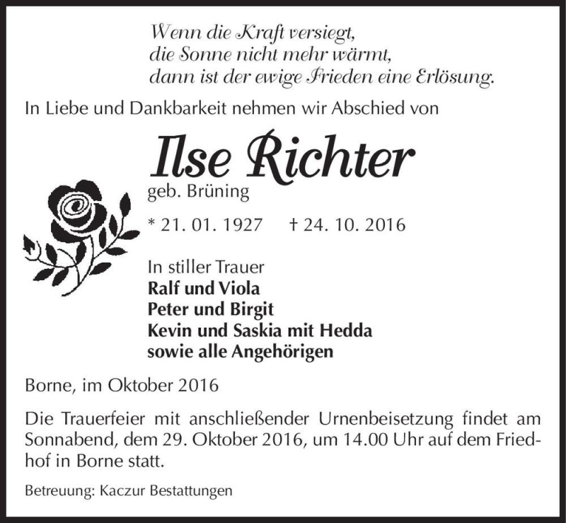  Traueranzeige für Ilse Richter (geb. Brüning)  vom 27.10.2016 aus Magdeburger Volksstimme