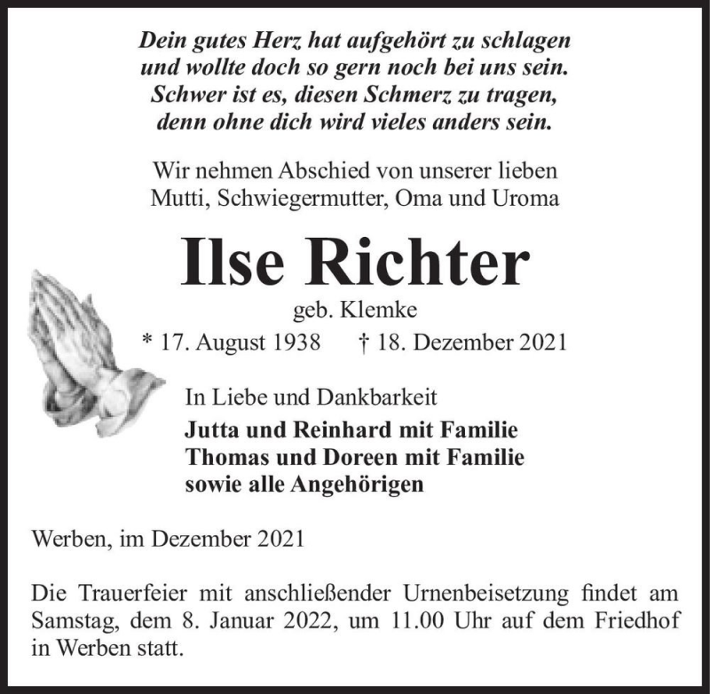  Traueranzeige für Ilse Richter (geb. Klemke)  vom 30.12.2021 aus Magdeburger Volksstimme