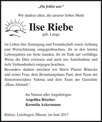 Traueranzeige von Ilse Riebe (geb. Lange)  von Magdeburger Volksstimme