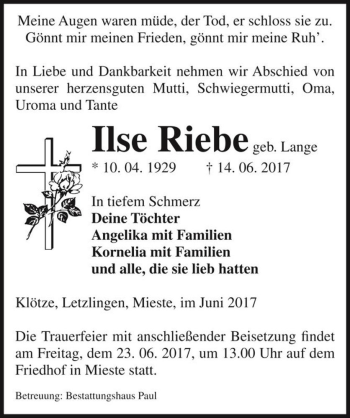 Traueranzeige von Ilse Riebe (geb. Lange)  von Magdeburger Volksstimme