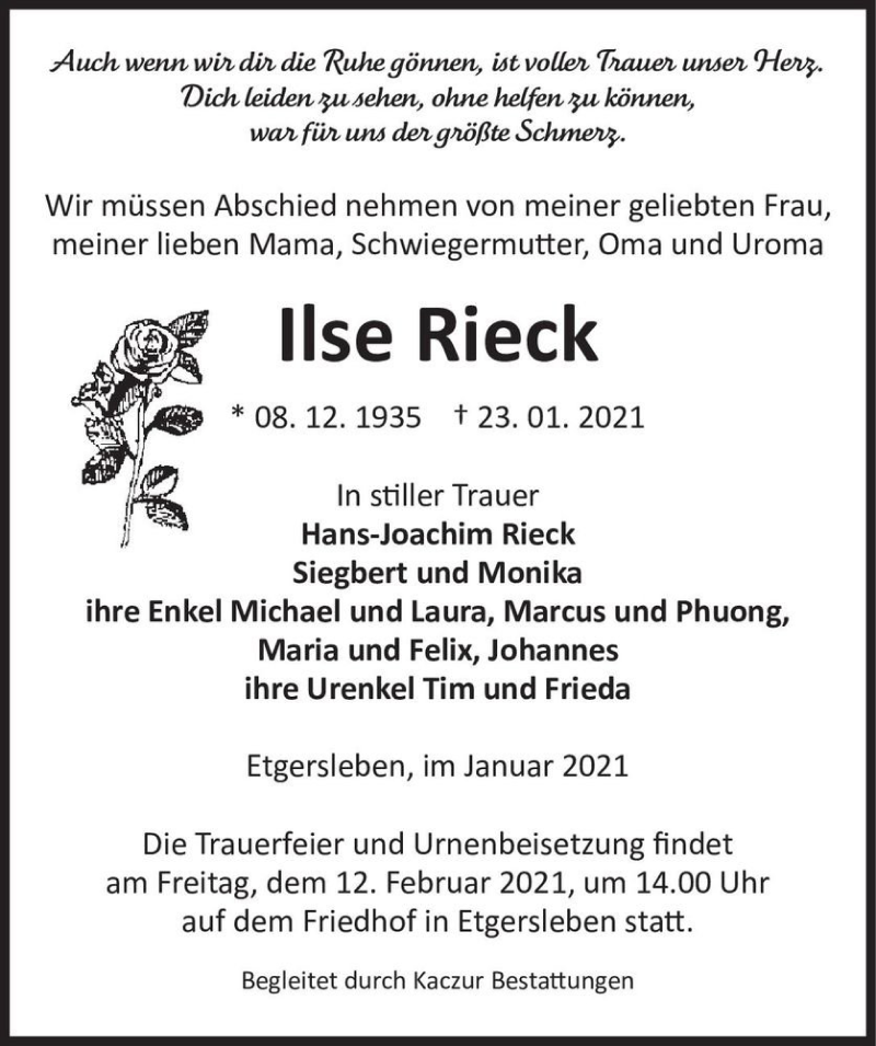 Traueranzeige für Ilse Rieck  vom 30.01.2021 aus Magdeburger Volksstimme