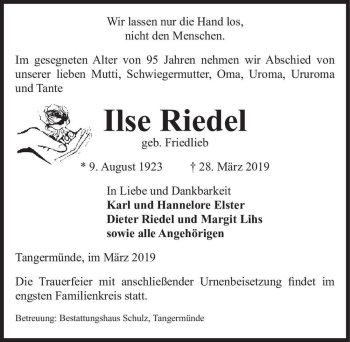 Traueranzeige von Ilse Riedel (geb. Friedlieb)  von Magdeburger Volksstimme