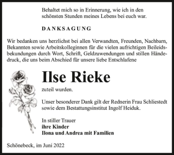 Traueranzeige von Ilse Rieke  von Magdeburger Volksstimme