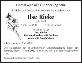 Traueranzeige von Ilse Rieke (geb. Bock)  von Magdeburger Volksstimme