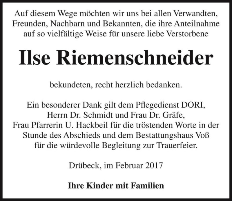  Traueranzeige für Ilse Riemenschneider  vom 15.02.2017 aus Magdeburger Volksstimme