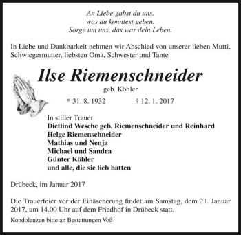 Traueranzeige von Ilse Riemenschneider (geb. Köhler)  von Magdeburger Volksstimme