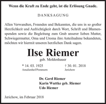 Traueranzeige von Ilse Riemer (geb. Moldenhauer)  von Magdeburger Volksstimme