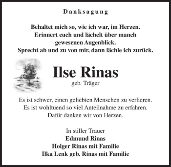 Traueranzeige von Ilse Rinas (geb. Träger)  von Magdeburger Volksstimme