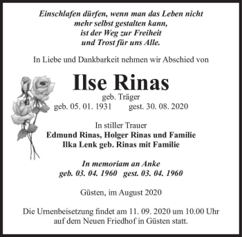 Traueranzeige von Ilse Rinas (geb. Träger)  von Magdeburger Volksstimme