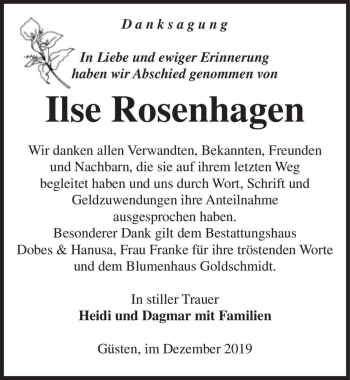 Traueranzeige von Ilse Rosenhagen  von Magdeburger Volksstimme