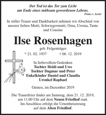 Traueranzeige von Ilse Rosenhagen (geb. Felgenträger)  von Magdeburger Volksstimme