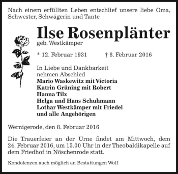 Traueranzeige von Ilse Rosenplänter (geb. Westkämper)  von Magdeburger Volksstimme