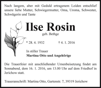 Traueranzeige von Ilse Rosin (geb. Bethge)  von Magdeburger Volksstimme