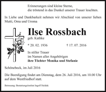 Traueranzeige von Ilse Rossbach (geb. Kathke)  von Magdeburger Volksstimme