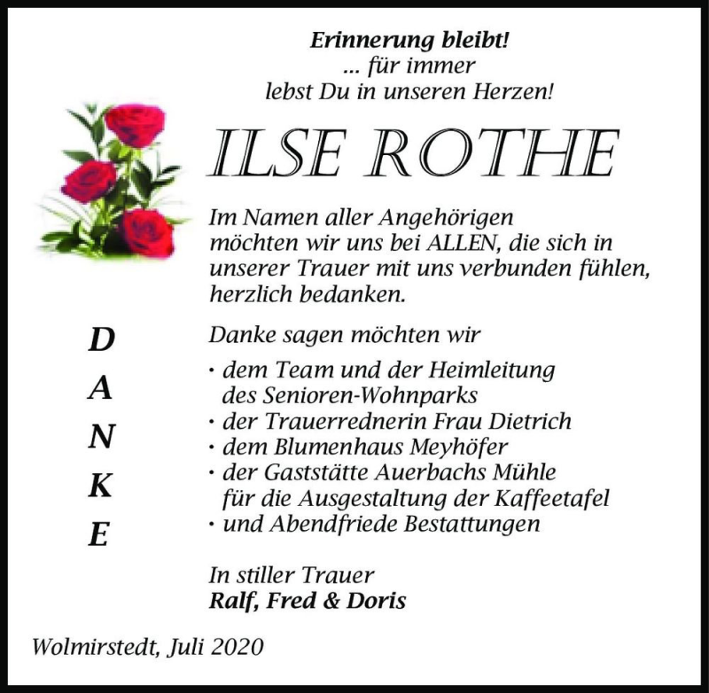  Traueranzeige für Ilse Rothe  vom 01.08.2020 aus Magdeburger Volksstimme