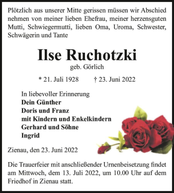 Traueranzeige von Ilse Ruchotzki (geb. Görlich)  von Magdeburger Volksstimme