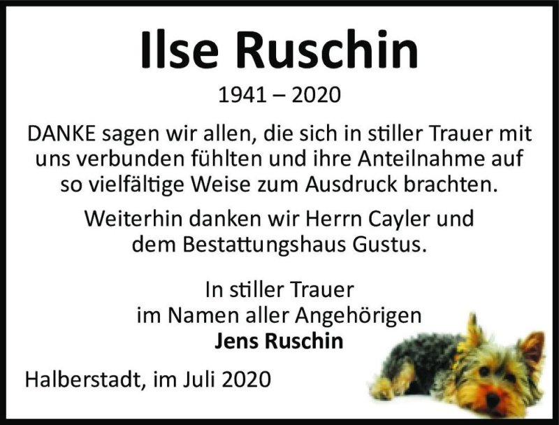  Traueranzeige für Ilse Ruschin  vom 01.08.2020 aus Magdeburger Volksstimme