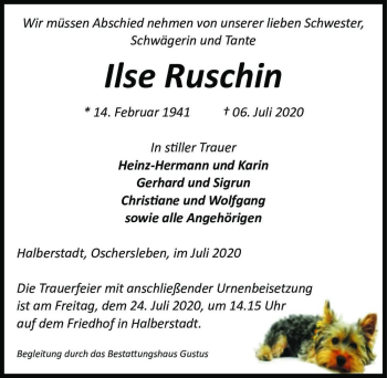 Traueranzeige von Ilse Ruschin  von Magdeburger Volksstimme