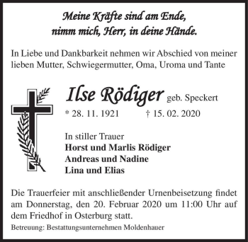 Traueranzeige von Ilse Rödiger (geb. Speckert)  von Magdeburger Volksstimme