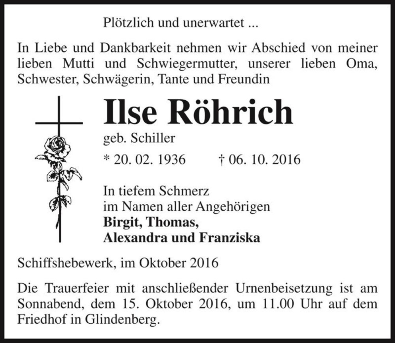  Traueranzeige für Ilse Röhrich (geb. Schiller)  vom 11.10.2016 aus Magdeburger Volksstimme