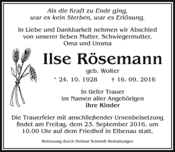 Traueranzeige von Ilse Rösemann (geb. Wolter)  von Magdeburger Volksstimme