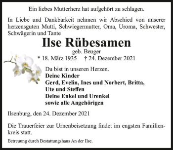 Traueranzeige von Ilse Rübesamen (geb. Beuger)  von Magdeburger Volksstimme