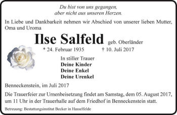 Traueranzeige von Ilse Salfeld (geb. Oberländer)  von Magdeburger Volksstimme