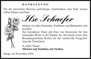 Traueranzeige von Ilse Schaefer  von Magdeburger Volksstimme