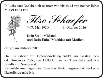 Traueranzeige von Ilse Schaefer  von Magdeburger Volksstimme