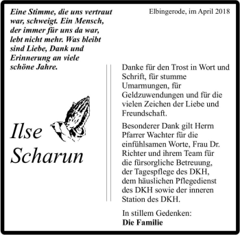 Traueranzeige von Ilse Scharun  von Magdeburger Volksstimme