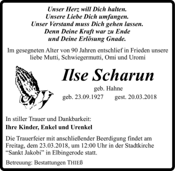 Traueranzeige von Ilse Scharun (geb. Hahne)  von Magdeburger Volksstimme