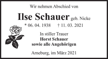 Traueranzeige von Ilse Schauer (geb. Nicke)  von Magdeburger Volksstimme