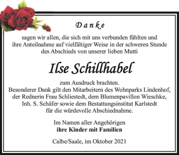 Traueranzeige von Ilse Schillhabel  von Magdeburger Volksstimme