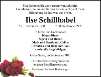 Traueranzeige von Ilse Schillhabel  von Magdeburger Volksstimme