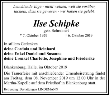 Traueranzeige von Ilse Schipke (geb. Schreinert)  von Magdeburger Volksstimme