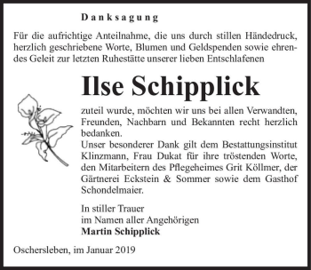 Traueranzeige von Ilse Schipplick  von Magdeburger Volksstimme