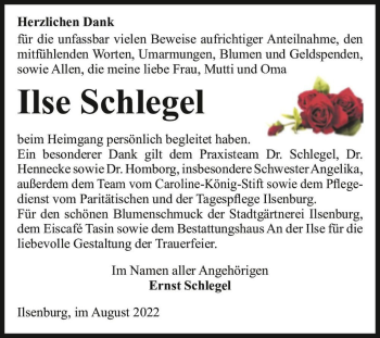 Traueranzeige von Ilse Schlegel  von Magdeburger Volksstimme