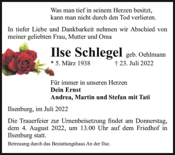 Traueranzeige von Ilse Schlegel (geb. Oehlmann)  von Magdeburger Volksstimme