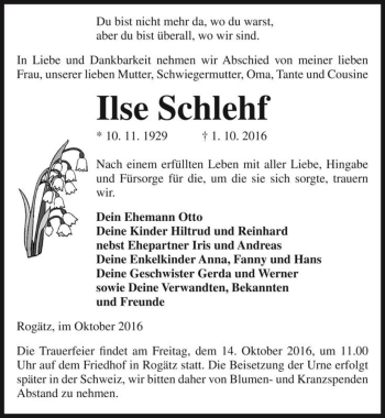 Traueranzeige von Ilse Schlehf  von Magdeburger Volksstimme