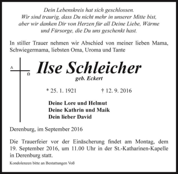 Traueranzeige von Ilse Schleicher (geb. Eckert)  von Magdeburger Volksstimme