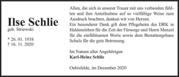 Traueranzeige von Ilse Schlie (geb. Striewski)  von Magdeburger Volksstimme