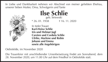Traueranzeige von Ilse Schlie (geb. Striewski)  von Magdeburger Volksstimme