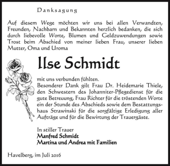 Traueranzeige von Ilse Schmidt  von Magdeburger Volksstimme
