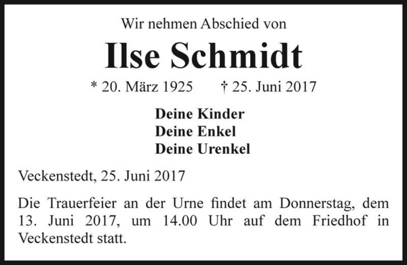  Traueranzeige für Ilse Schmidt  vom 01.07.2017 aus Magdeburger Volksstimme