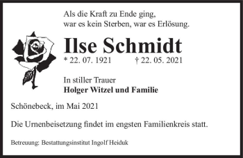 Traueranzeige von Ilse Schmidt  von Magdeburger Volksstimme