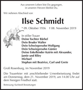 Traueranzeige von Ilse Schmidt  von Magdeburger Volksstimme