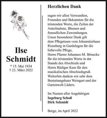 Traueranzeige von Ilse Schmidt  von Magdeburger Volksstimme