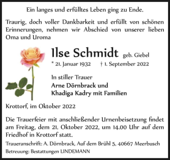 Traueranzeige von Ilse Schmidt (geb. Giebel)  von Magdeburger Volksstimme