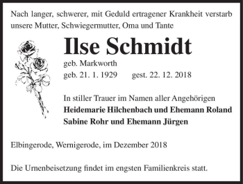 Traueranzeige von Ilse Schmidt (geb. Markworth)  von Magdeburger Volksstimme