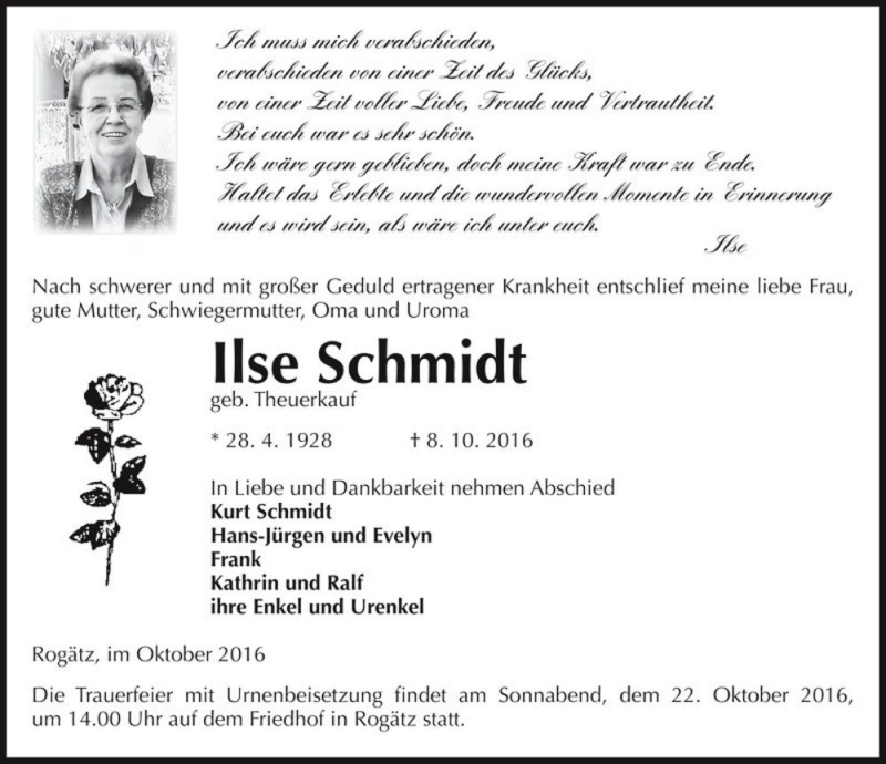  Traueranzeige für Ilse Schmidt (geb. Theuerkauf)  vom 12.10.2016 aus Magdeburger Volksstimme